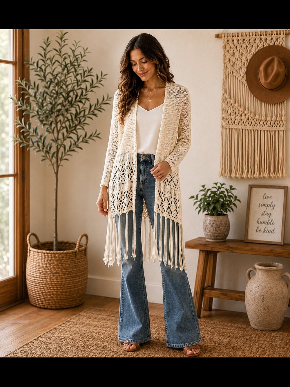 Knox Rose Open Knit Cream Boho Crochet Fringe Cardigan Duster Kimono Size XS